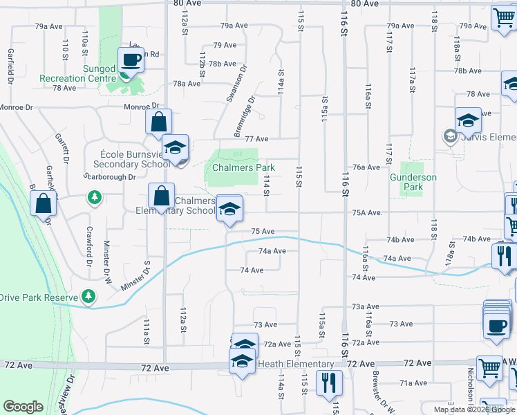 map of restaurants, bars, coffee shops, grocery stores, and more near 11409 75A Avenue in Delta