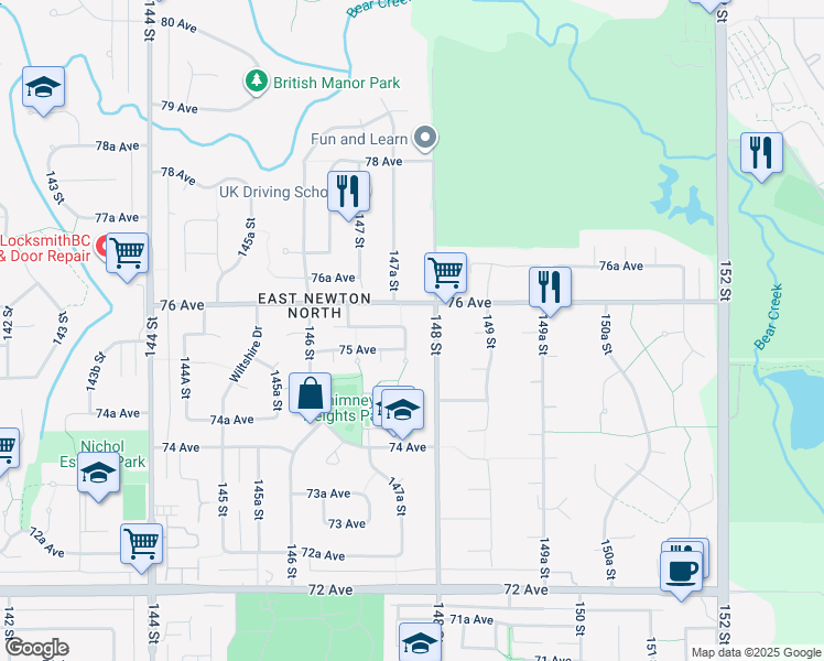 map of restaurants, bars, coffee shops, grocery stores, and more near 7536 147A Street in Surrey