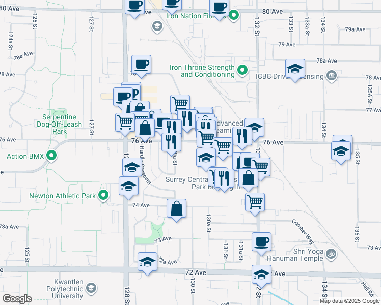 map of restaurants, bars, coffee shops, grocery stores, and more near 12992 76 Avenue in Surrey