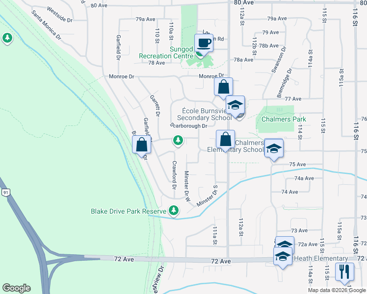 map of restaurants, bars, coffee shops, grocery stores, and more near 7553 Muston Place in Delta