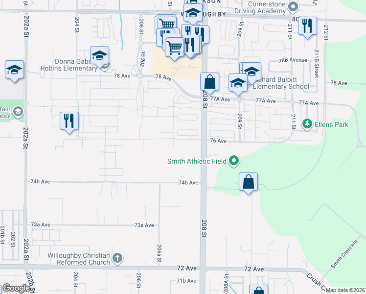 map of restaurants, bars, coffee shops, grocery stores, and more near 7547 208 Street in Langley City
