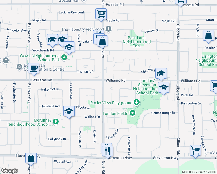 map of restaurants, bars, coffee shops, grocery stores, and more near 10051 Defoe Street in Richmond