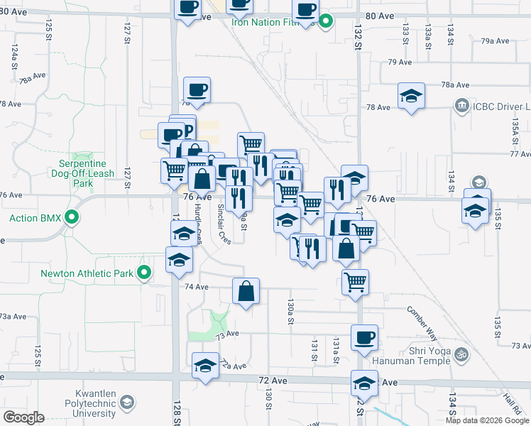 map of restaurants, bars, coffee shops, grocery stores, and more near 12992 76 Avenue in Surrey