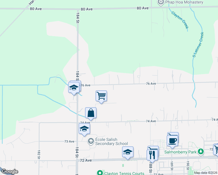 map of restaurants, bars, coffee shops, grocery stores, and more near 18572 76 Avenue in Surrey