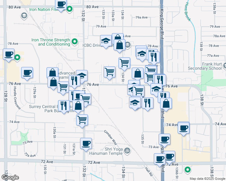 map of restaurants, bars, coffee shops, grocery stores, and more near 13340 76 Avenue in Surrey