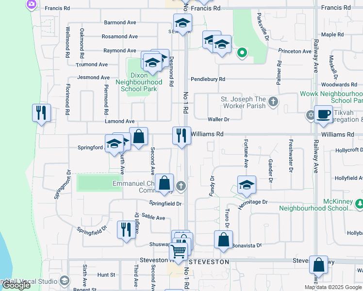 map of restaurants, bars, coffee shops, grocery stores, and more near 10071 Number 1 Road in Richmond
