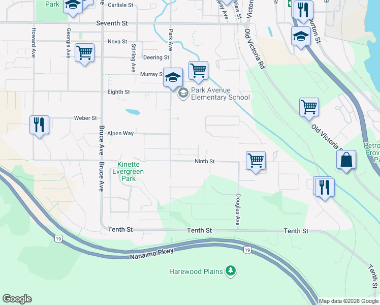 map of restaurants, bars, coffee shops, grocery stores, and more near 363 Cambie Road in Nanaimo