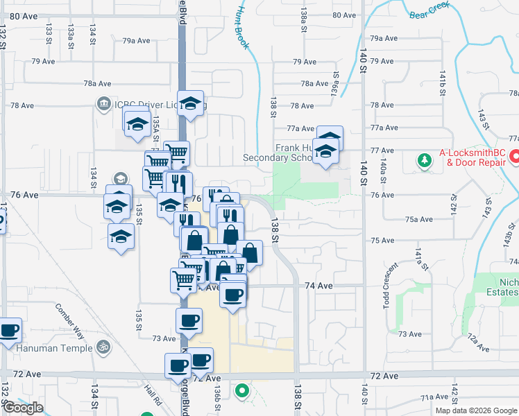 map of restaurants, bars, coffee shops, grocery stores, and more near 13788 76 Avenue in Surrey