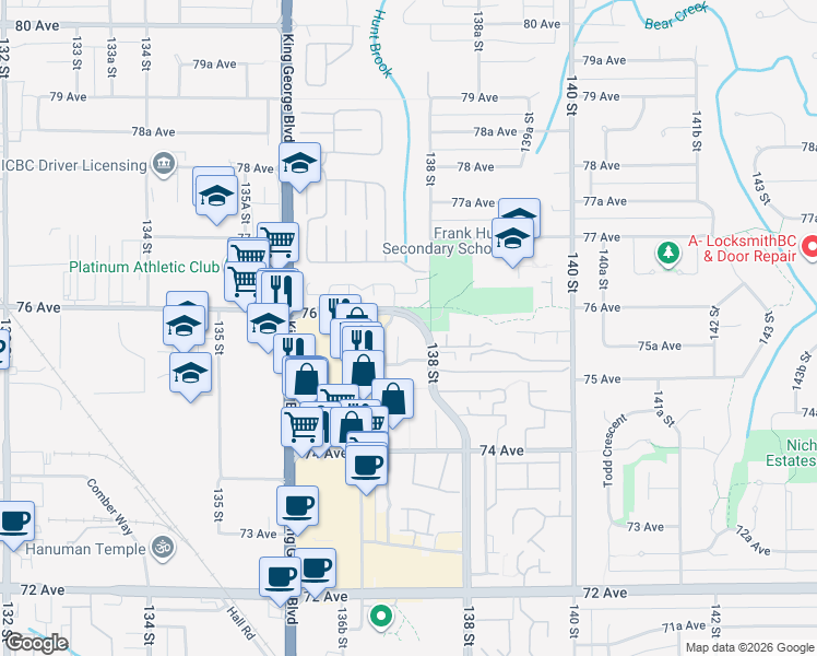 map of restaurants, bars, coffee shops, grocery stores, and more near in Surrey