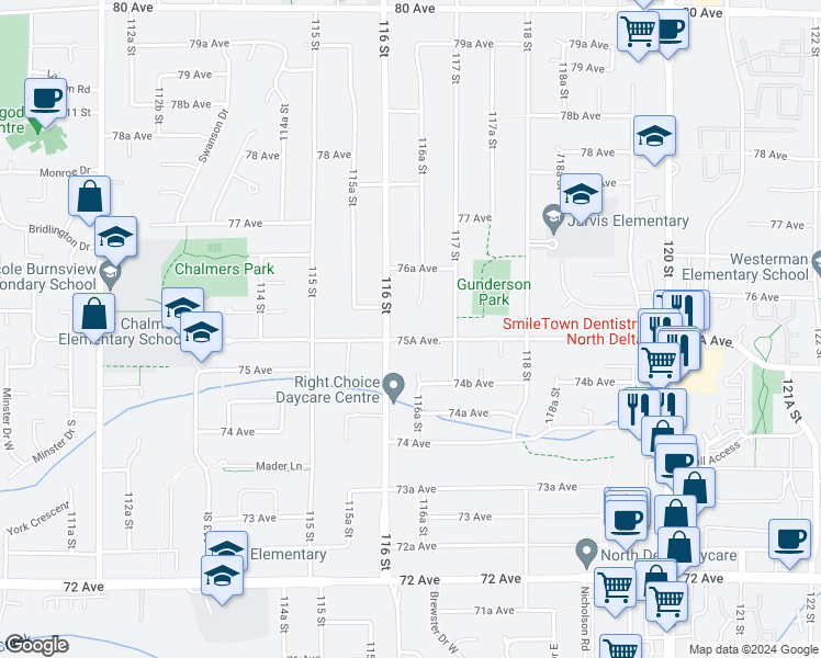 map of restaurants, bars, coffee shops, grocery stores, and more near 11641 75A Avenue in Delta