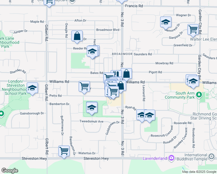 map of restaurants, bars, coffee shops, grocery stores, and more near 10020 Dunoon Drive in Richmond
