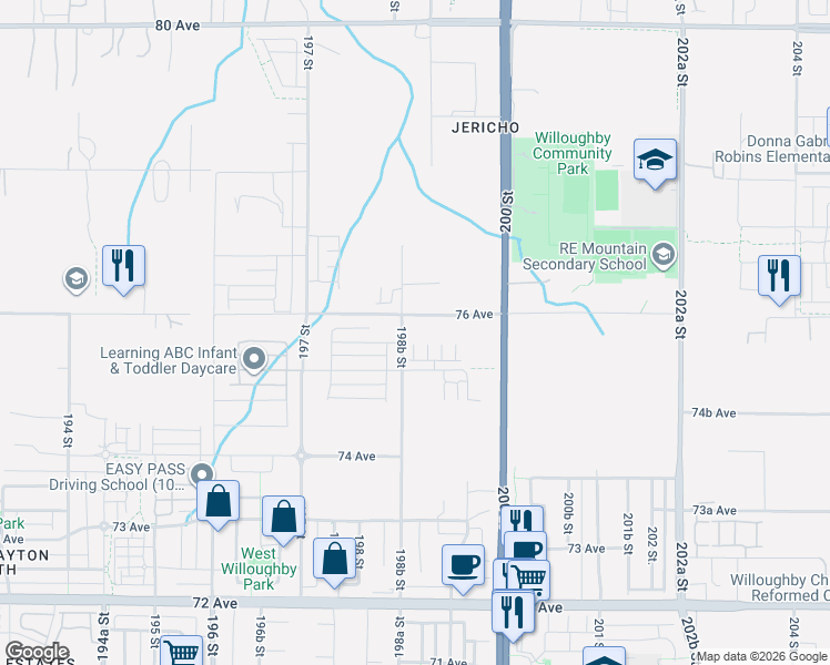 map of restaurants, bars, coffee shops, grocery stores, and more near 7588 198B Street in Langley Township