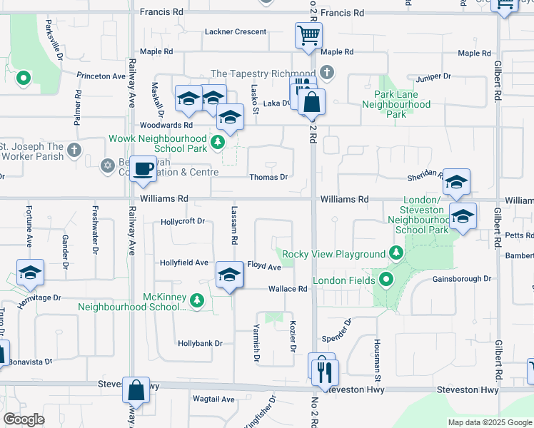 map of restaurants, bars, coffee shops, grocery stores, and more near 10113 Lawson Drive in Richmond