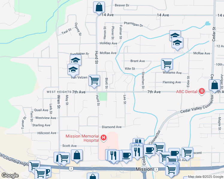 map of restaurants, bars, coffee shops, grocery stores, and more near 7640 Blott Street in Mission
