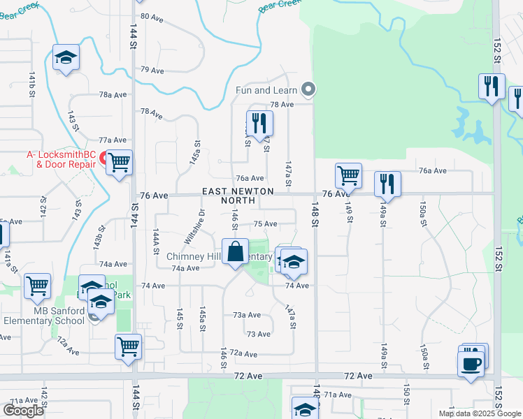 map of restaurants, bars, coffee shops, grocery stores, and more near 14682 75A Avenue in Surrey
