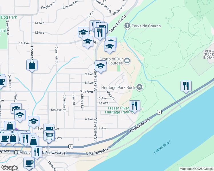 map of restaurants, bars, coffee shops, grocery stores, and more near 33751 7th Avenue in Mission