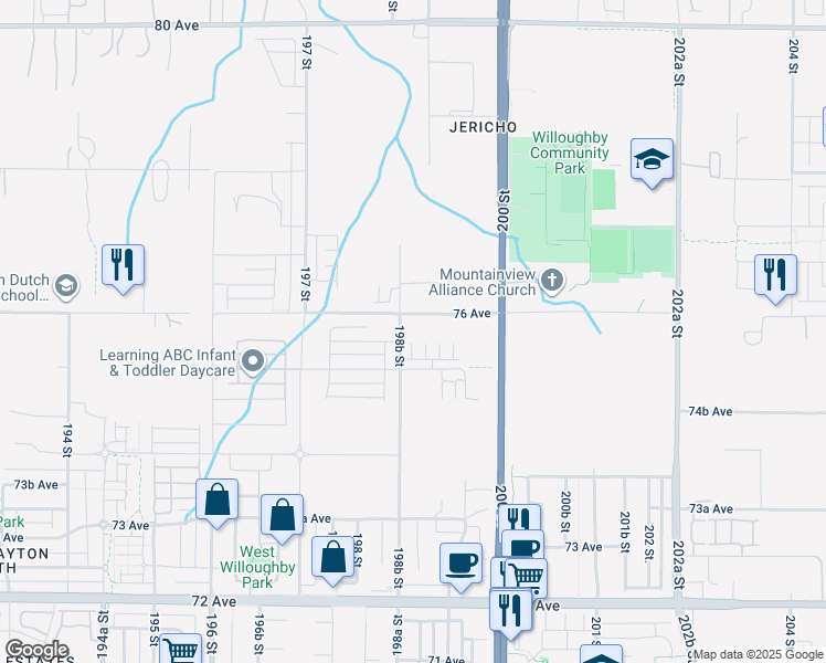map of restaurants, bars, coffee shops, grocery stores, and more near 7588 198B Street in Langley Township
