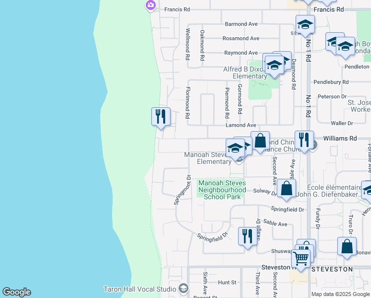 map of restaurants, bars, coffee shops, grocery stores, and more near 3311 Springford Avenue in Richmond