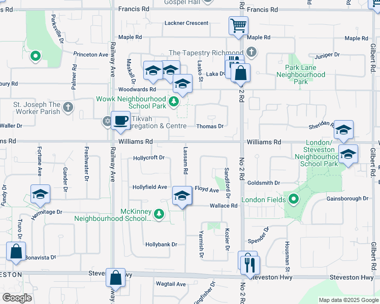 map of restaurants, bars, coffee shops, grocery stores, and more near 10060 Lassam Road in Richmond