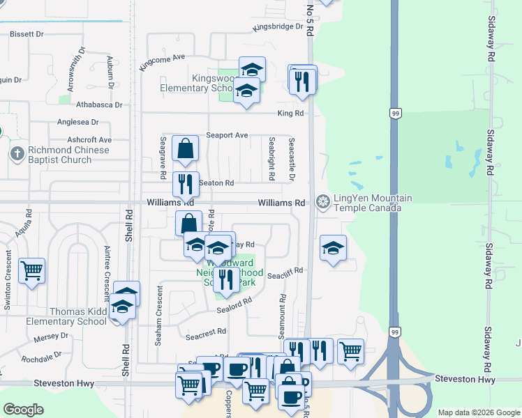 map of restaurants, bars, coffee shops, grocery stores, and more near 11640 Williams Road in Richmond