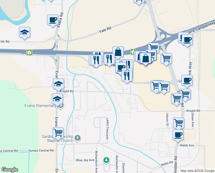 map of restaurants, bars, coffee shops, grocery stores, and more near 7601 Sapphire Drive in Chilliwack