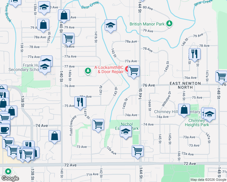 map of restaurants, bars, coffee shops, grocery stores, and more near 7575 143 Street in Surrey