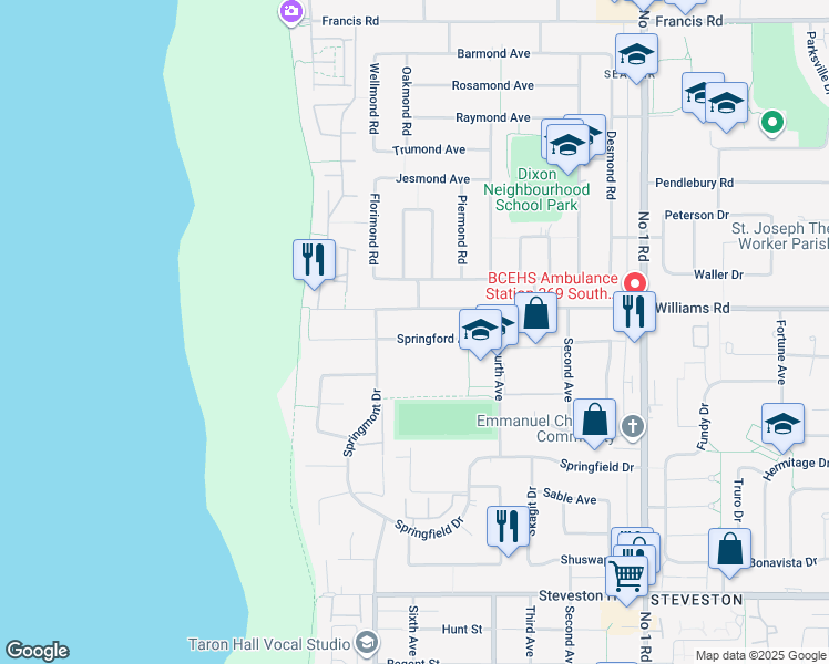 map of restaurants, bars, coffee shops, grocery stores, and more near 3431 Springford Avenue in Richmond