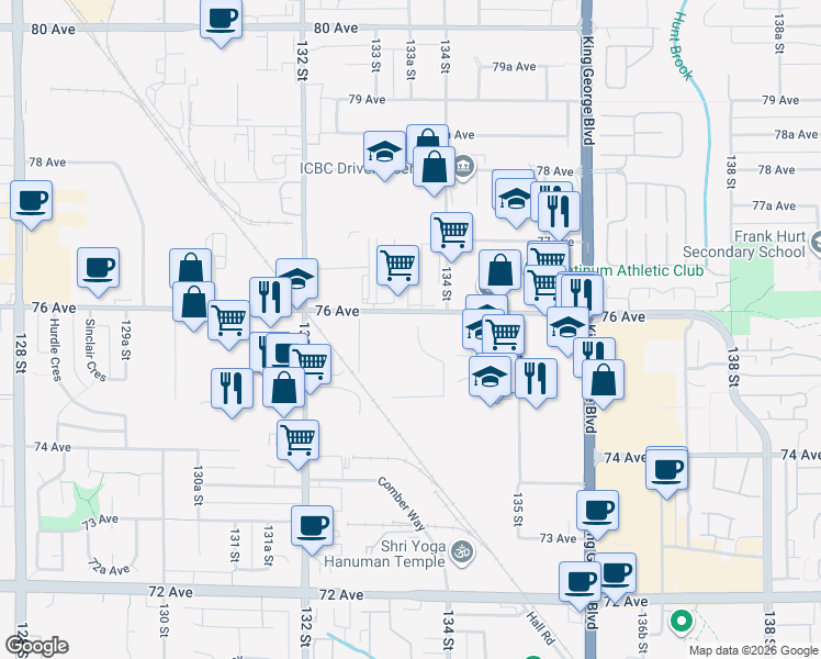 map of restaurants, bars, coffee shops, grocery stores, and more near 13340 76 Avenue in Surrey