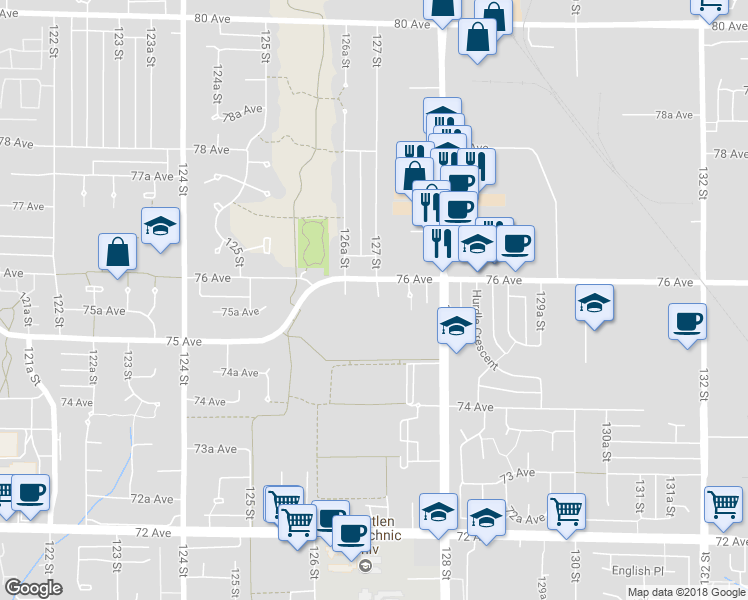 map of restaurants, bars, coffee shops, grocery stores, and more near 7563 127 Street in Surrey