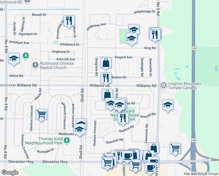 map of restaurants, bars, coffee shops, grocery stores, and more near 11308 Williams Road in Richmond