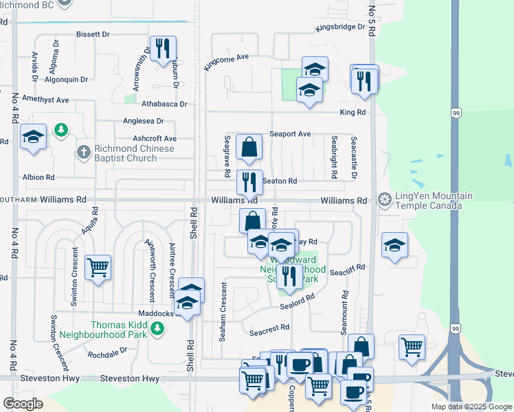 map of restaurants, bars, coffee shops, grocery stores, and more near 11306 Williams Road in Richmond