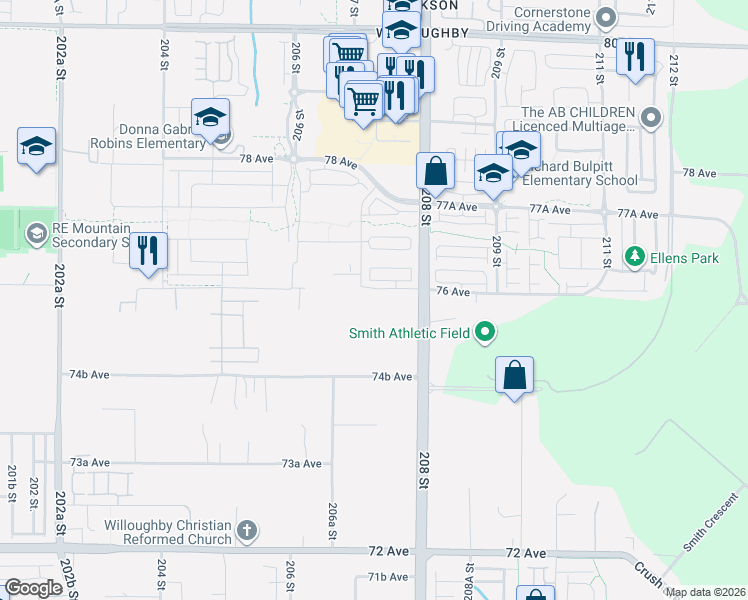 map of restaurants, bars, coffee shops, grocery stores, and more near 7574 207 Street in Langley Township