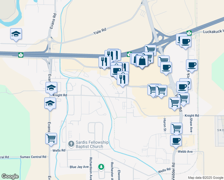 map of restaurants, bars, coffee shops, grocery stores, and more near 7651 Amber Drive in Chilliwack