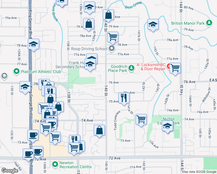 map of restaurants, bars, coffee shops, grocery stores, and more near 7576 140 Street in Surrey