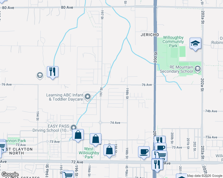 map of restaurants, bars, coffee shops, grocery stores, and more near 19767 75B Avenue in Langley Township
