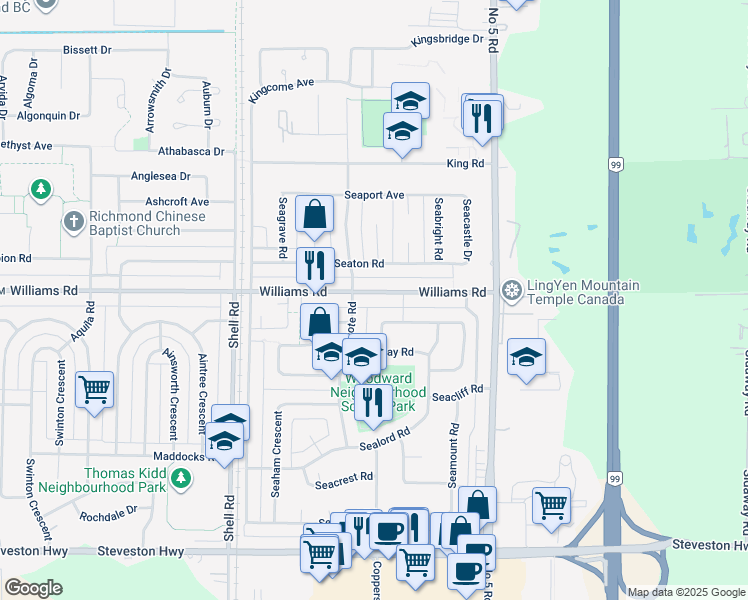 map of restaurants, bars, coffee shops, grocery stores, and more near 11468 Williams Road in Richmond