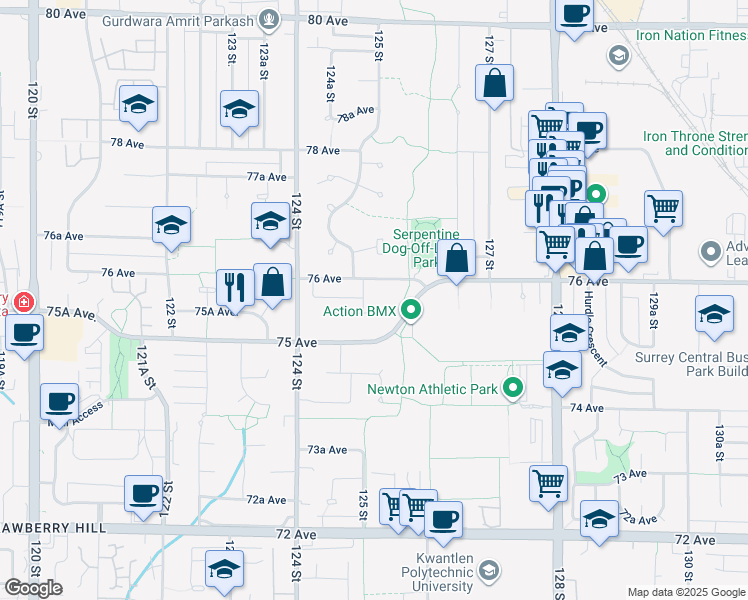 map of restaurants, bars, coffee shops, grocery stores, and more near 12525 75A Avenue in Surrey