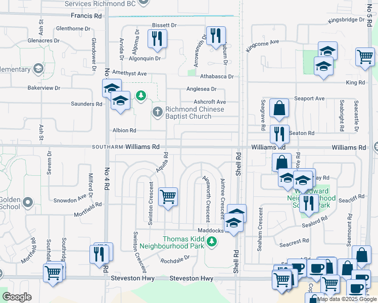 map of restaurants, bars, coffee shops, grocery stores, and more near 10446 Williams Road in Richmond