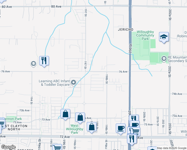 map of restaurants, bars, coffee shops, grocery stores, and more near 19763 75B Avenue in Langley Township