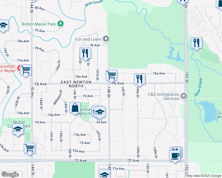 map of restaurants, bars, coffee shops, grocery stores, and more near 7570 148 Street in Surrey