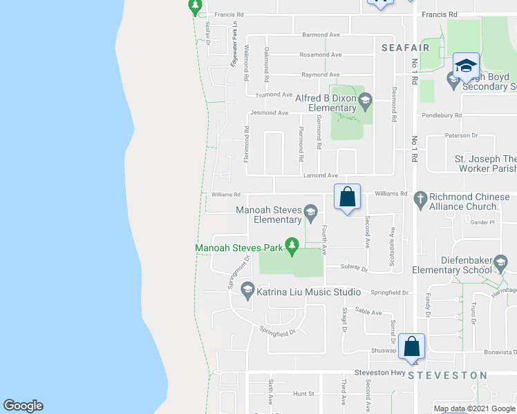 map of restaurants, bars, coffee shops, grocery stores, and more near 3371 Springford Avenue in Richmond