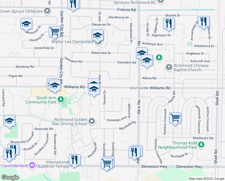 map of restaurants, bars, coffee shops, grocery stores, and more near 9560 Williams Road in Richmond