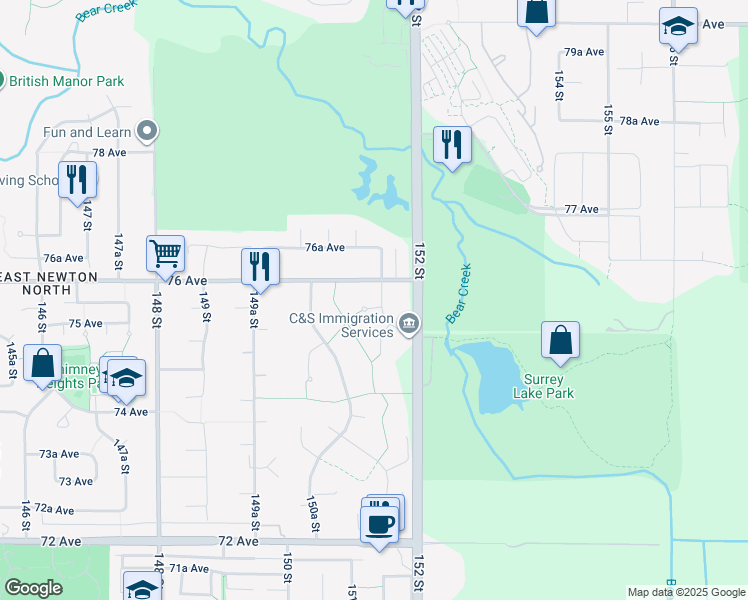 map of restaurants, bars, coffee shops, grocery stores, and more near 15145 75A Avenue in Surrey