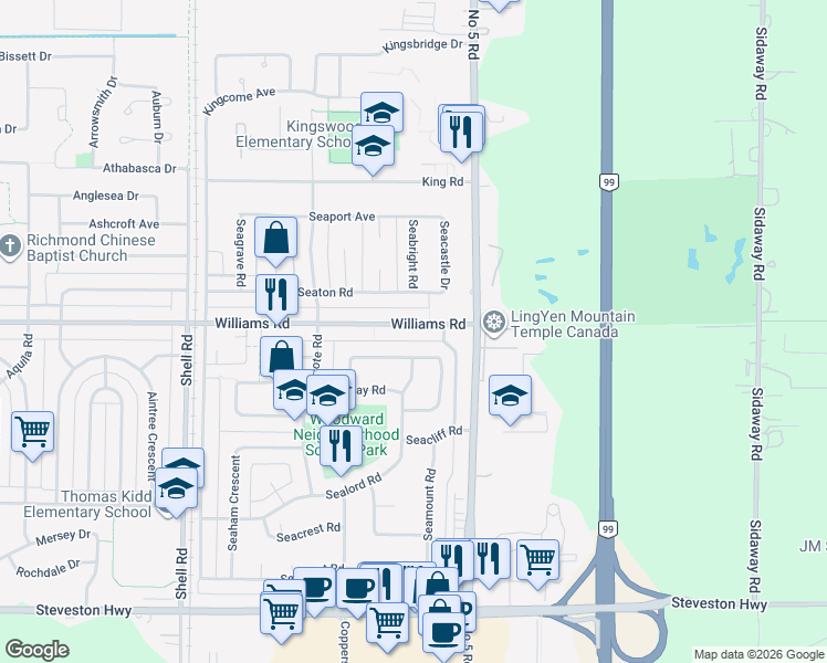 map of restaurants, bars, coffee shops, grocery stores, and more near 11688 Williams Road in Richmond