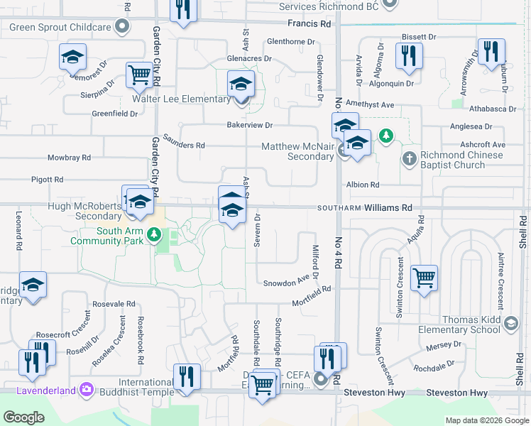 map of restaurants, bars, coffee shops, grocery stores, and more near 10071 Gower Street in Richmond