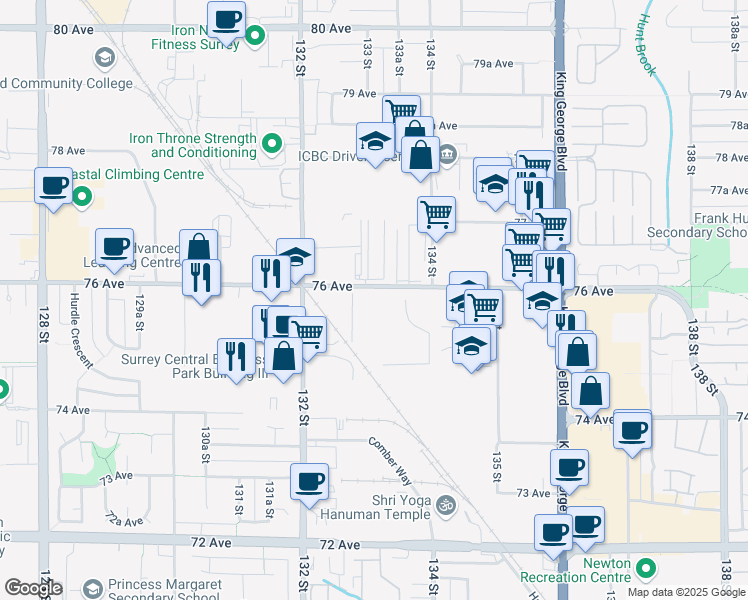 map of restaurants, bars, coffee shops, grocery stores, and more near 13308 76 Avenue in Surrey
