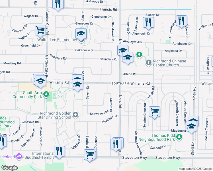 map of restaurants, bars, coffee shops, grocery stores, and more near 9680 Williams Road in Richmond