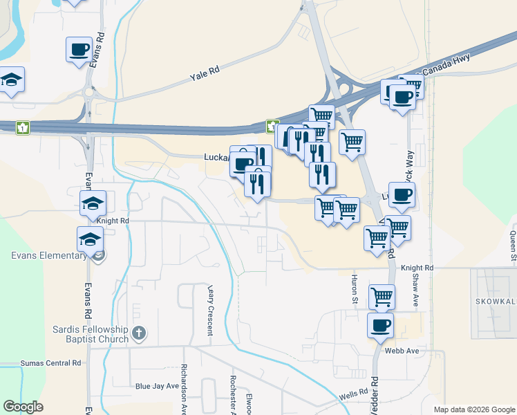 map of restaurants, bars, coffee shops, grocery stores, and more near 45485 A Knight Road in Chilliwack