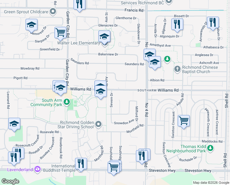 map of restaurants, bars, coffee shops, grocery stores, and more near 9520 Williams Road in Richmond