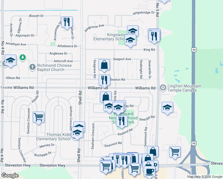 map of restaurants, bars, coffee shops, grocery stores, and more near Williams Road in Richmond